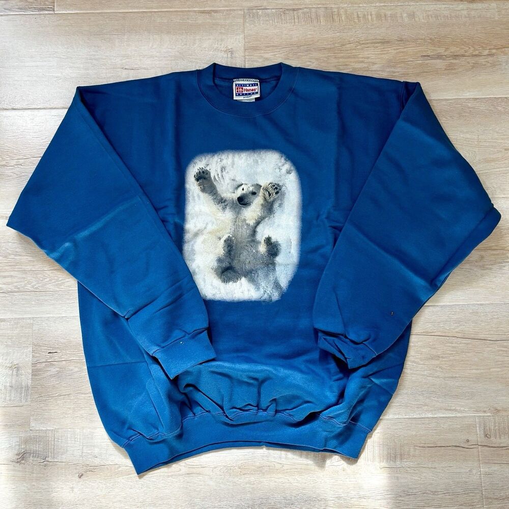 Polar Bear Vintage Hanes Blue Large Sweatshirt 90's Mens